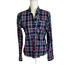 Abercrombie & Fitch Navy Blue Red Madris Cotton Long Sleeve Button-Up Shirt-Med.